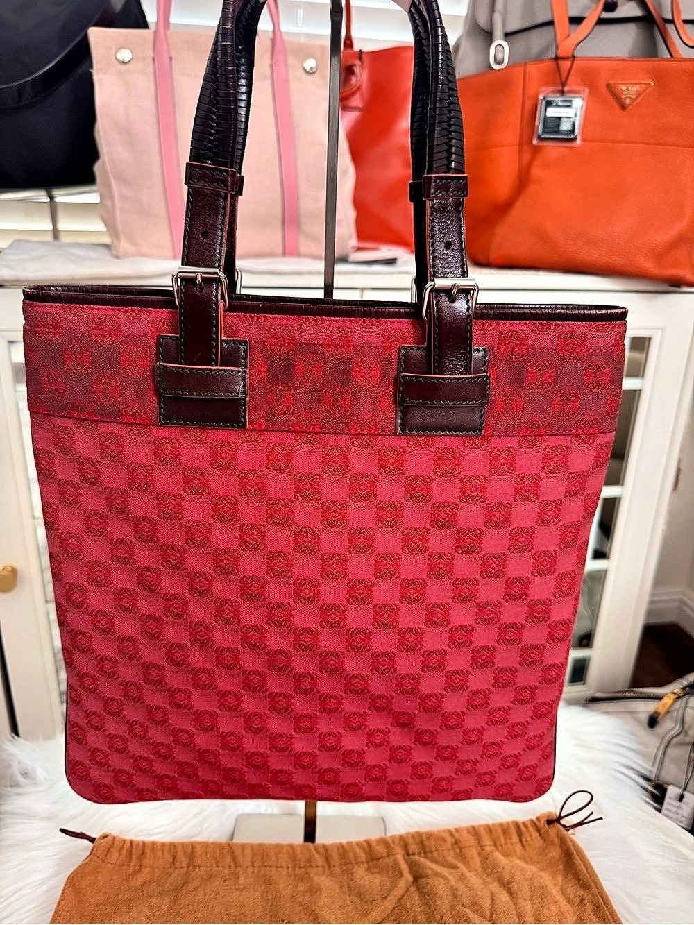 Loewe Anagram Canvas Tote Bag Red & Brown Leather